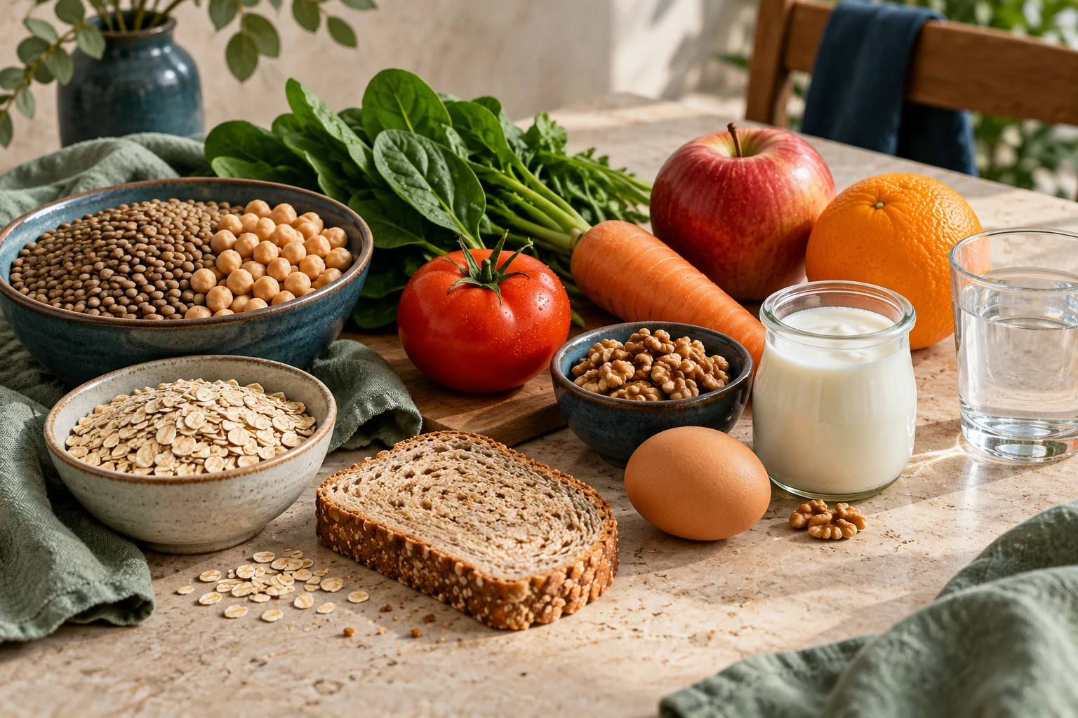 Alimentos variados: legumbres, avena, pan, frutas, verduras, frutos secos, huevo, yogur y agua